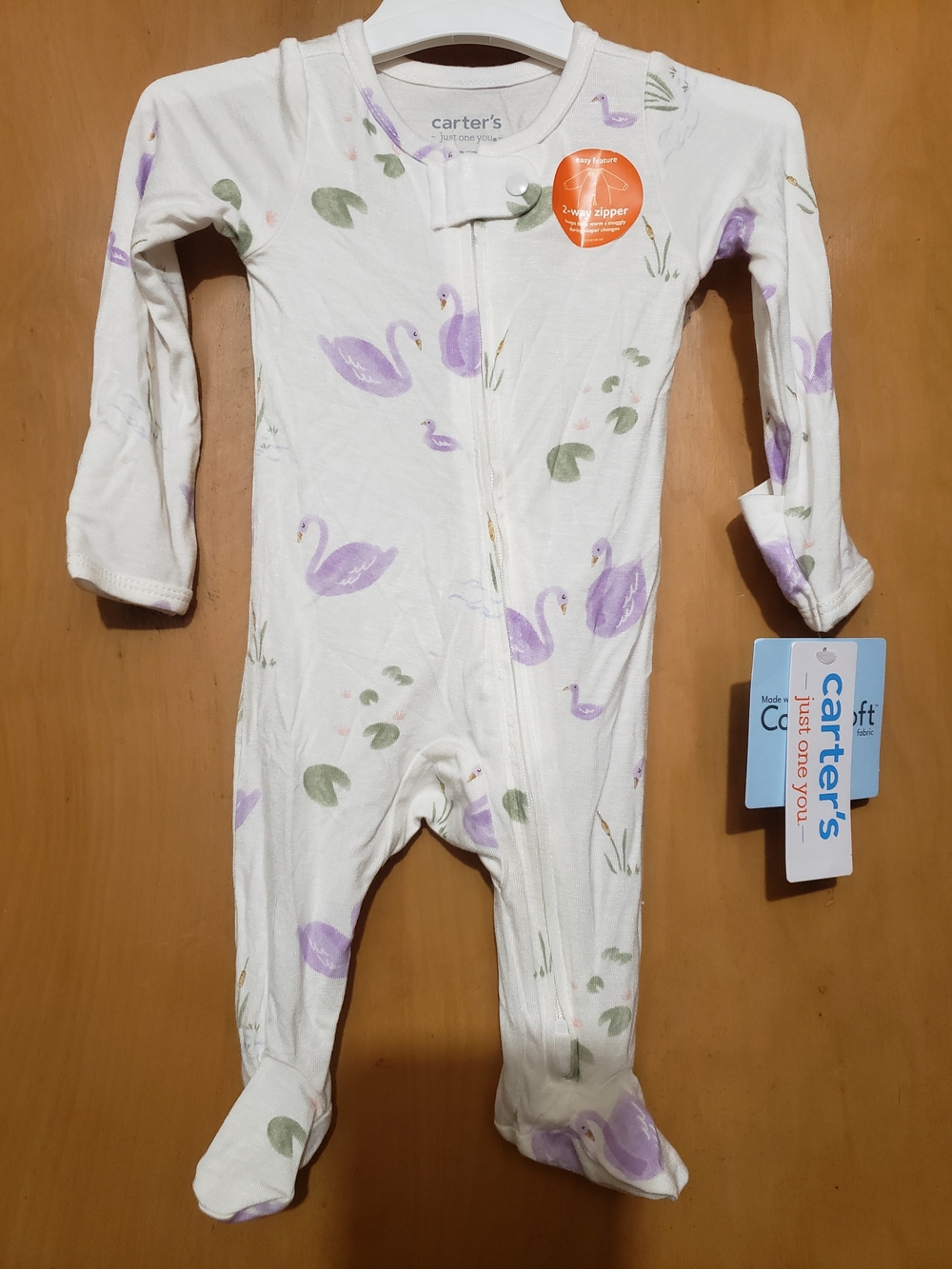Carter's Cream One-Piece Footed Pajamas with Purple Swan Print